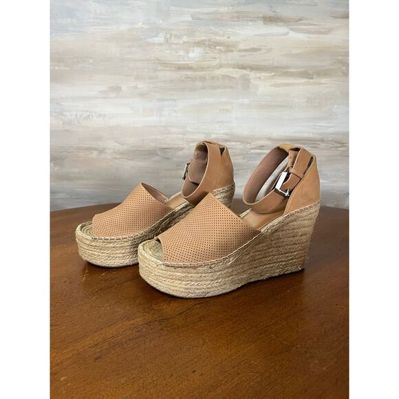 MARC FISHER Perforated Tan Leather ADALYNE Platform Jute Wedge Heels Size 8.5 - Picture 1 of 7